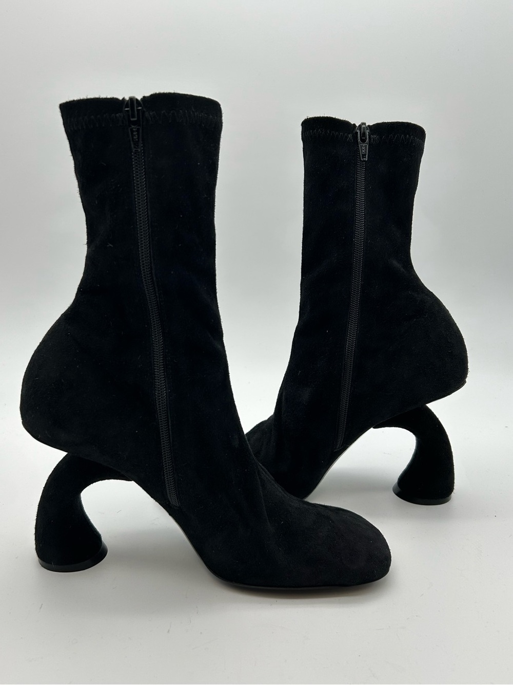 Dries Van Noten Black Suede Sculptural Heel Mid-Calf Boots
